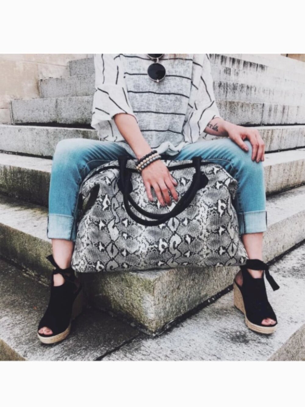 Snakeskin Weekender Tote Duffle Bag Soft Material White Black